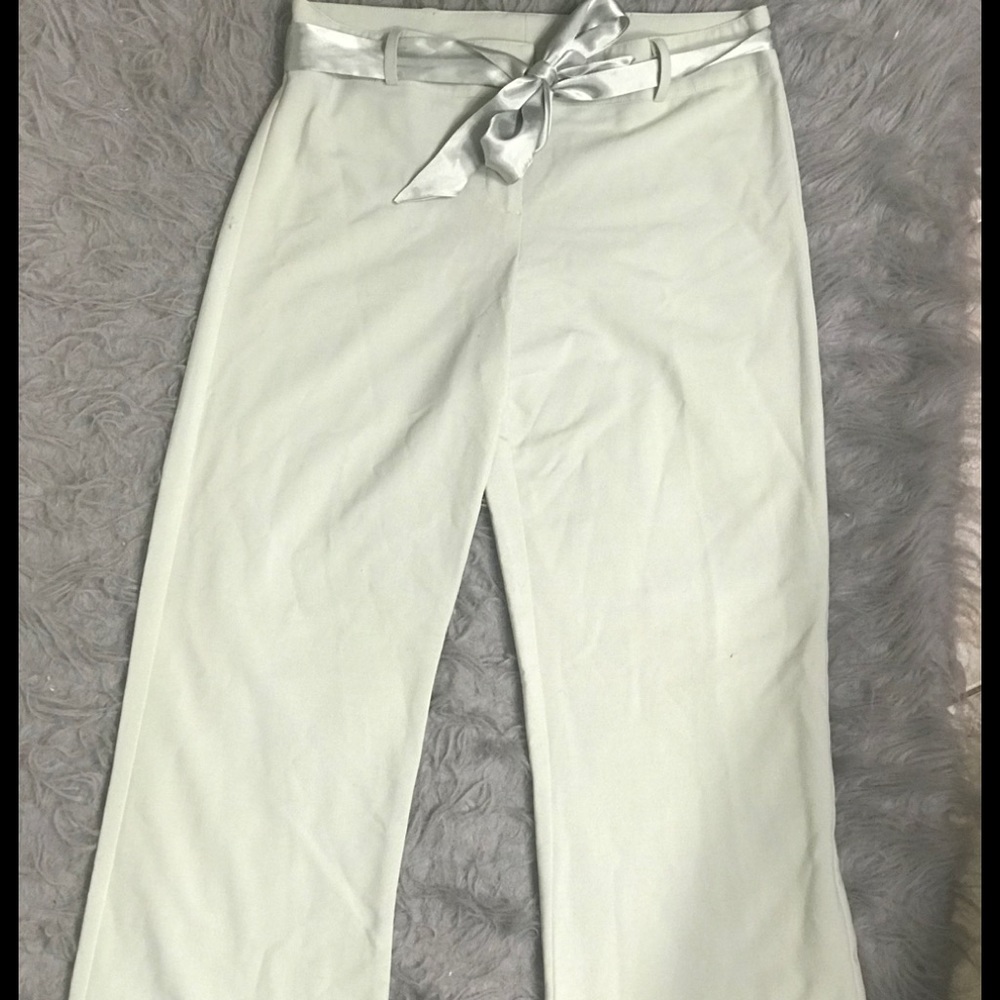 Light green dress pants with silk bow belt
